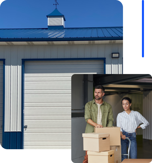 Man and woman organizing boxes in a storage unit with a blue and white storage facility in the background at Springfield Storage.